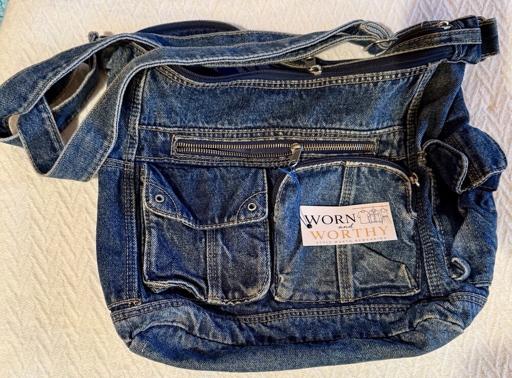 Y2K Denim Shoulder Bag Blue Jean Multi Pocket Zip Purse Adjustable Strap 2000s